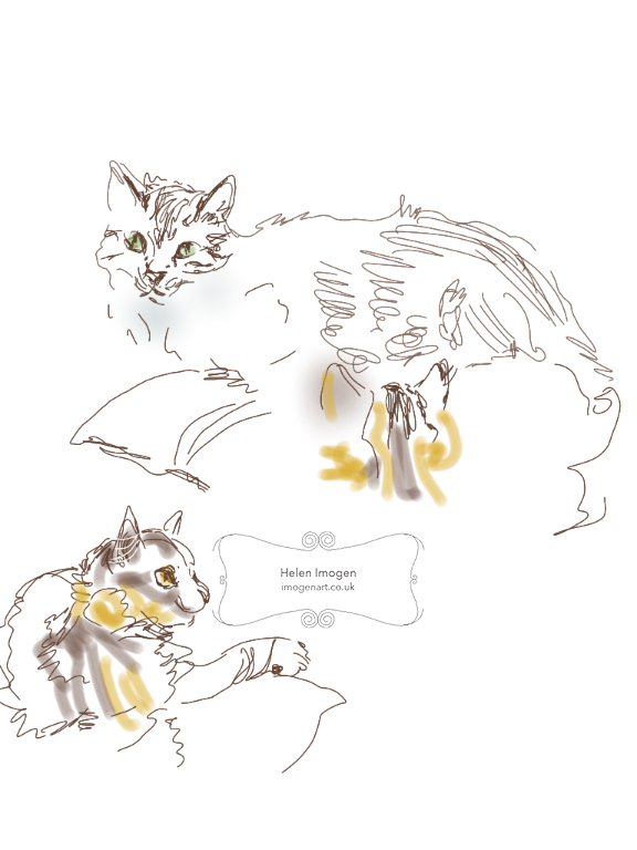While Storm watches warily, her kitten son Thor advances - original iPad drawing created live in Brushes While Storm watches warily, her kitten son Thor advances