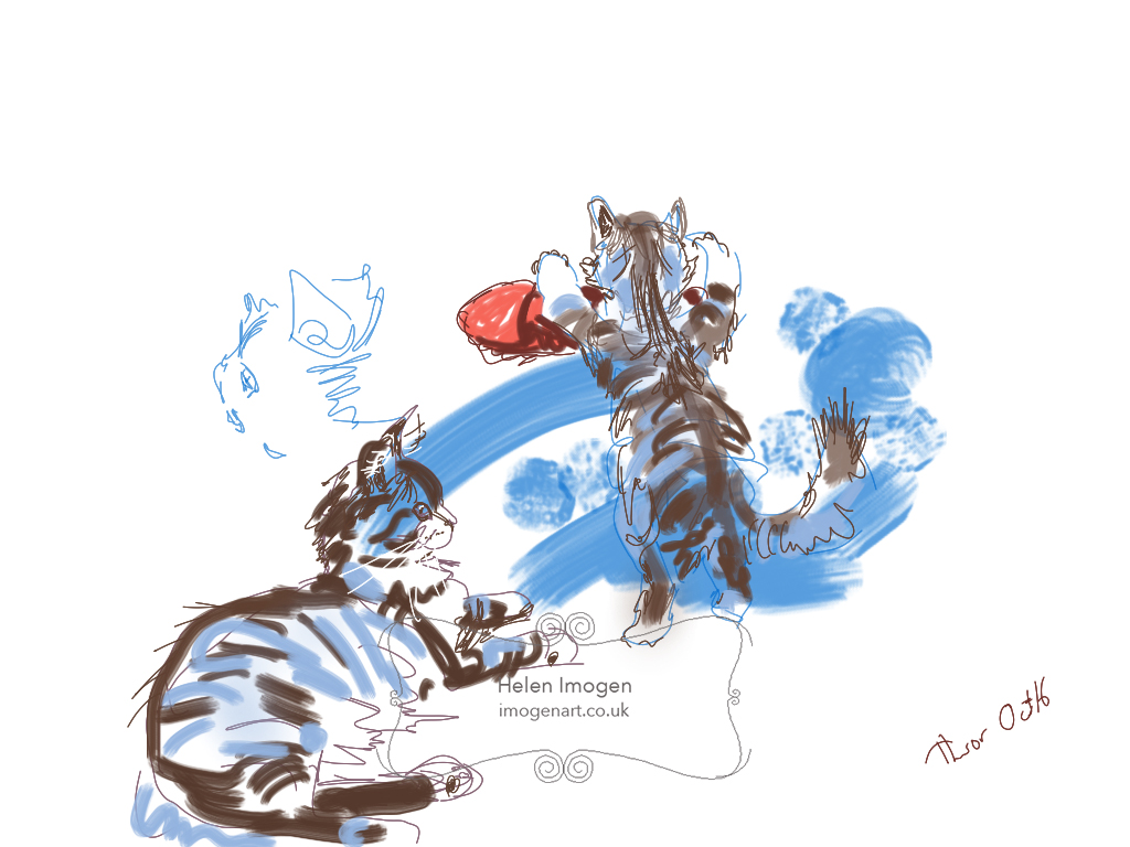 Catching slippers, bouncy kitten hybrid wild cat - original iPad drawing created live in Brushes Catching slippers, bouncy kitten hybrid wild cat