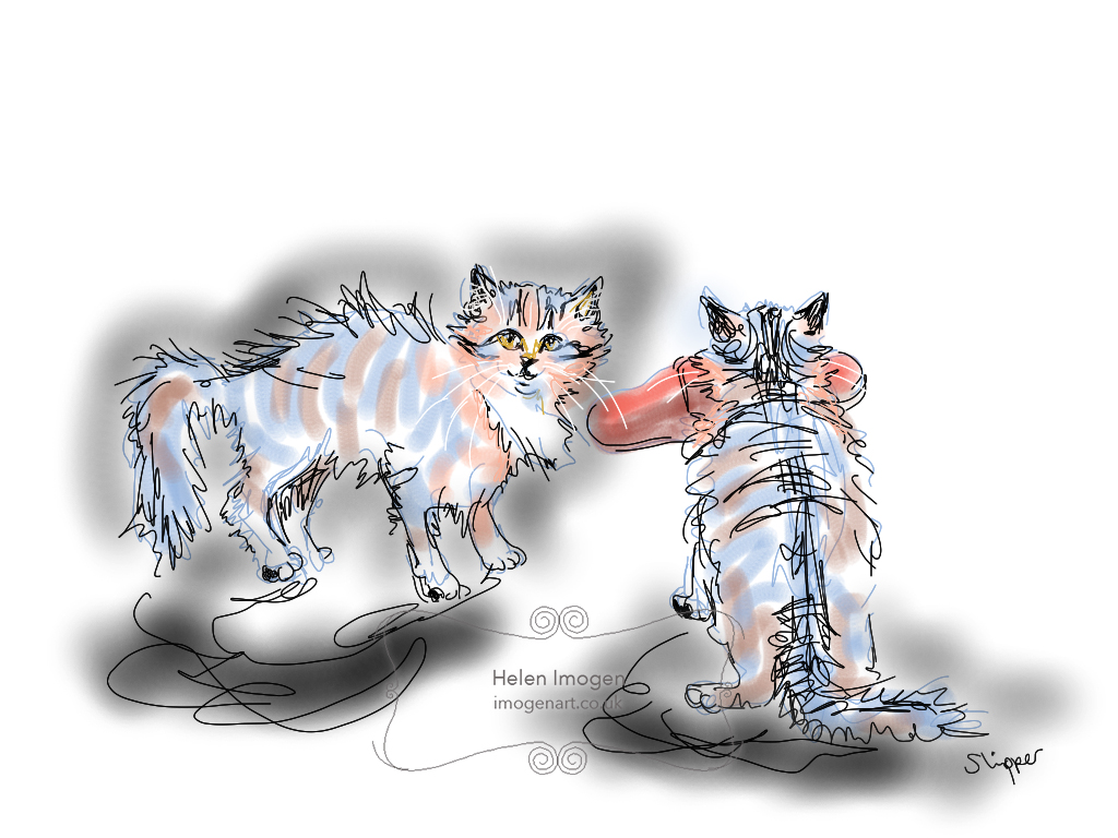 3 month old kitten hunting (slippers) - original iPad drawing created live in Brushes 3 month old kitten hunting (slippers)