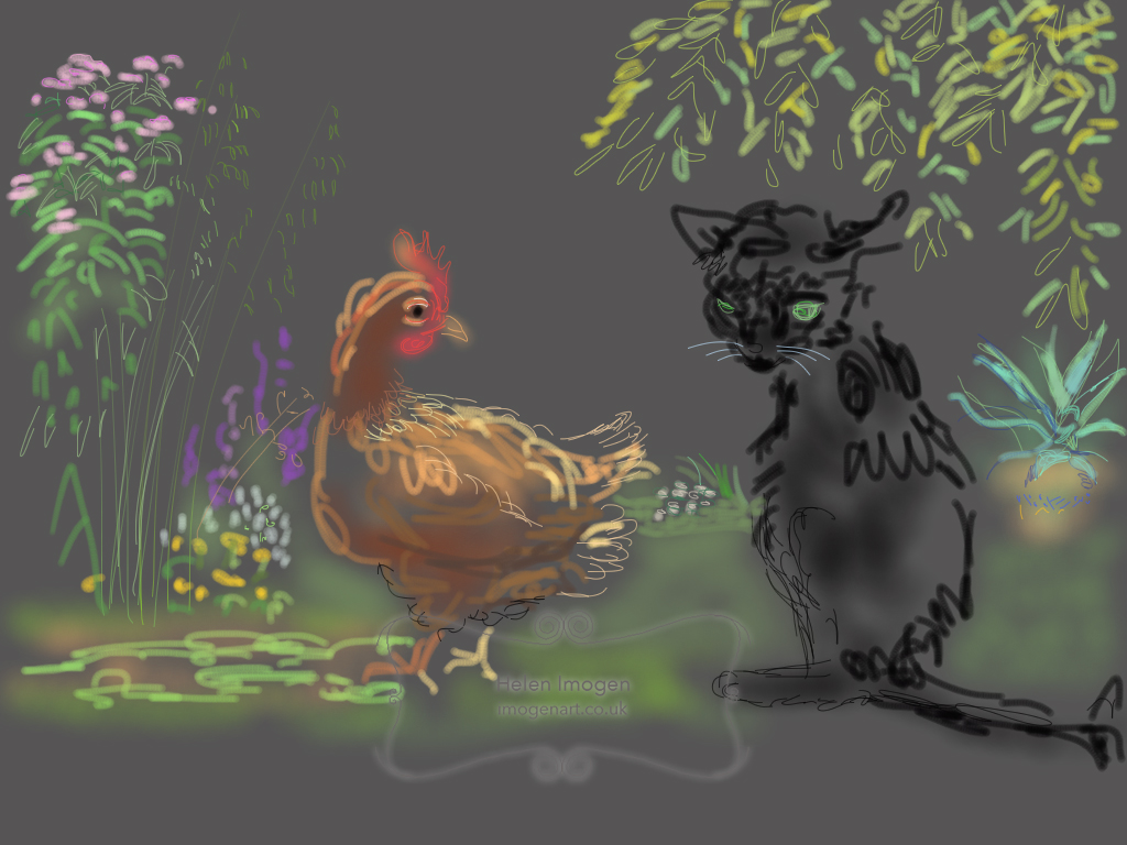 Chicken friends with a cat